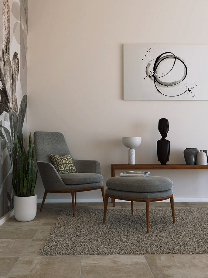 Living room interior rendering with lounge chair and ottoman