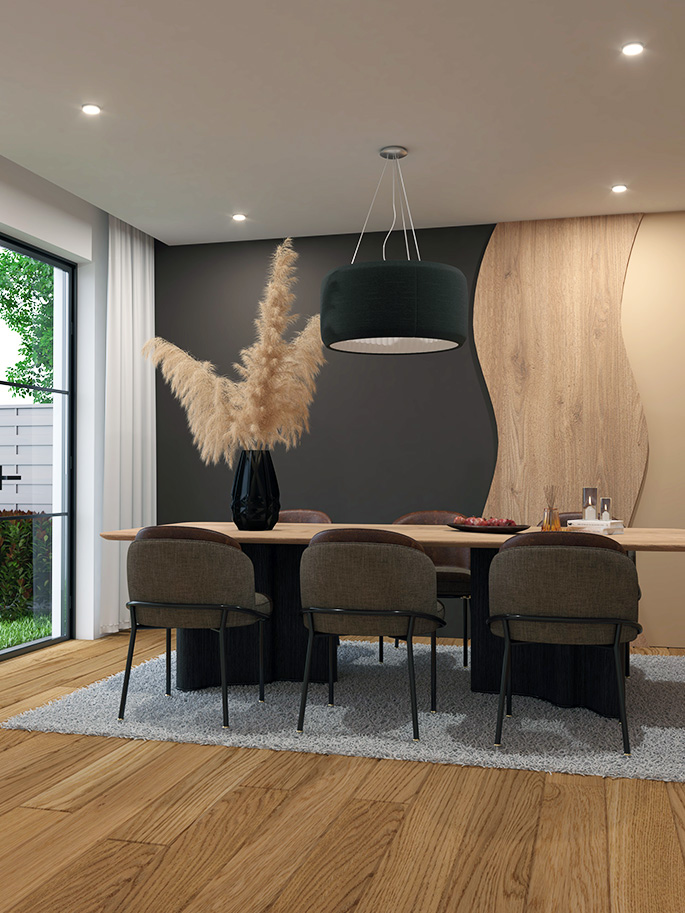 Dining room interior rendering with wood table and pendant light