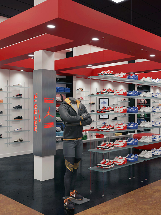 Retail store interior rendering with shoe display shelving