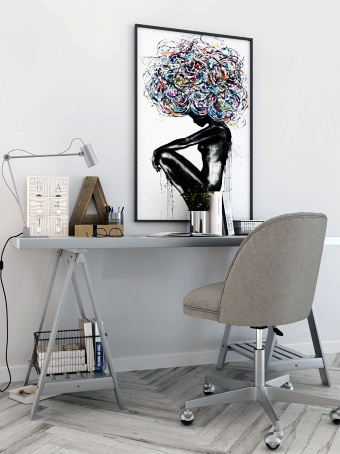 Home office interior rendering with desk and wall art
