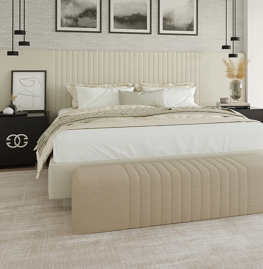 Bedroom interior rendering with tufted upholstered headboard